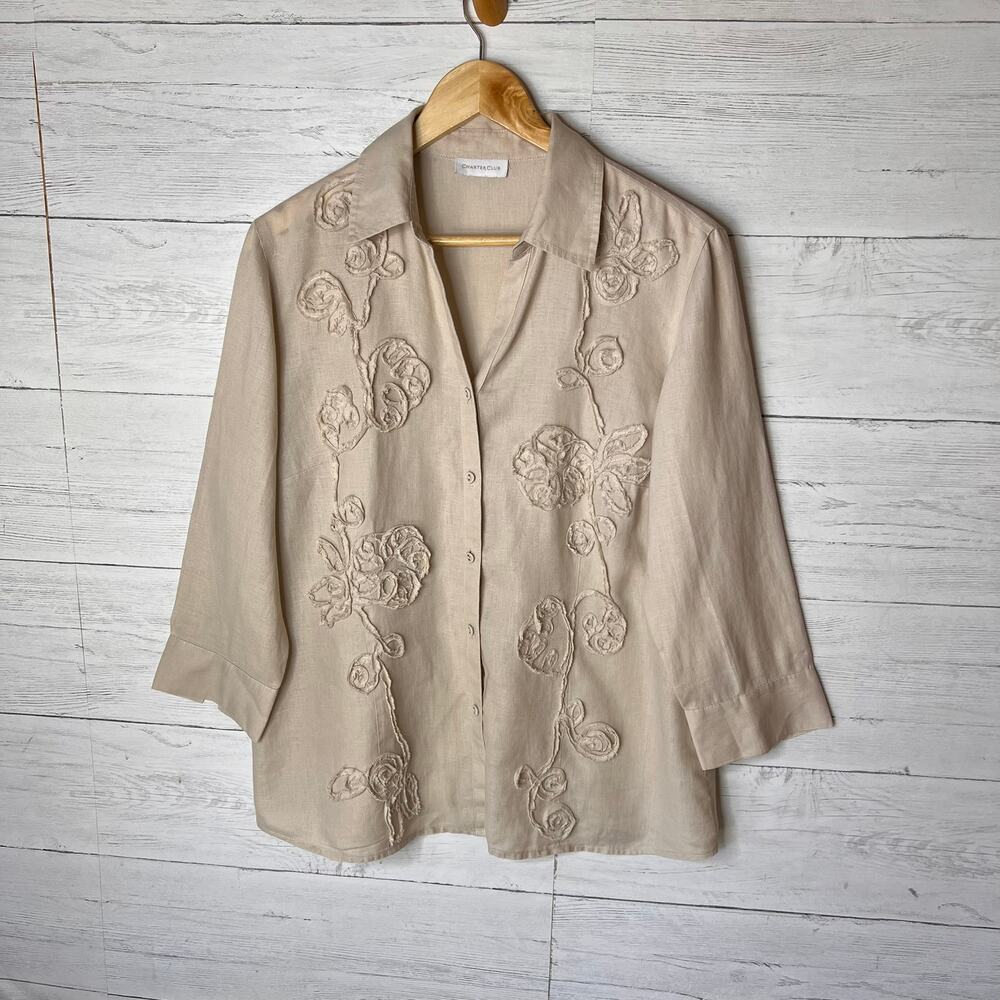 Charter Club Blouse Womens Size Large Beige Raised Floral Design 100% Linen